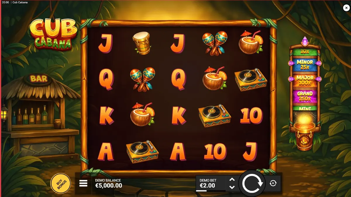 Pemandangan tropis yang cerah dengan simbol-simbol pesta di slot Cub Cabana