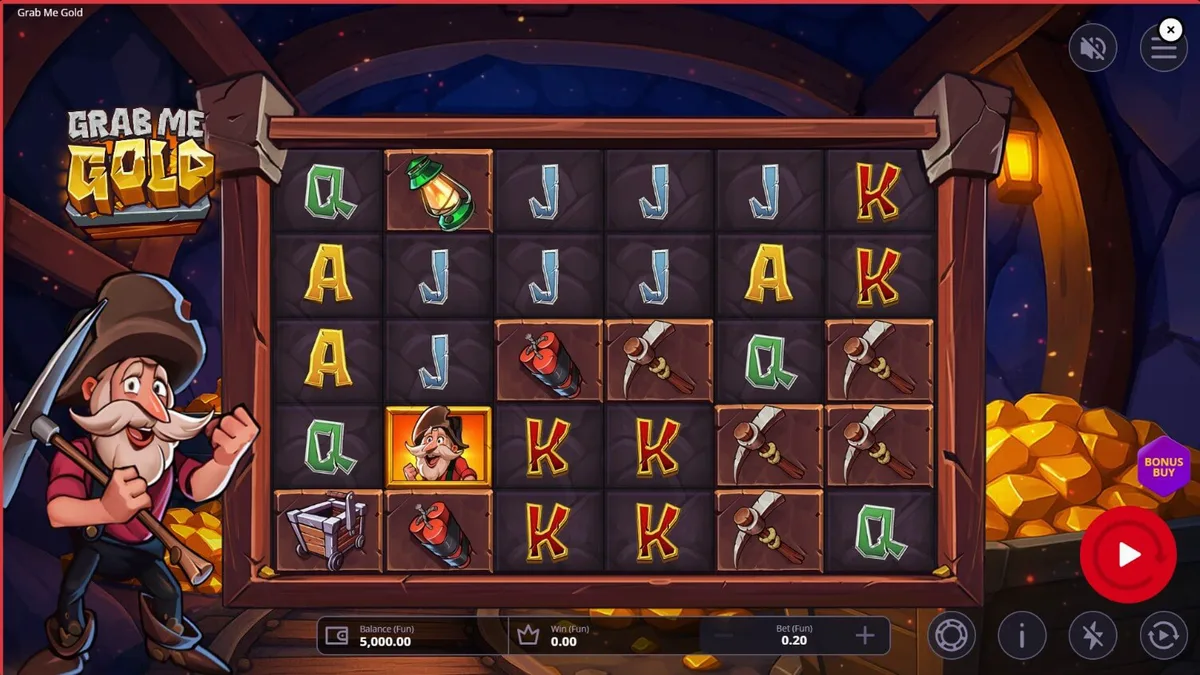 Tampilan visual slot Grab Me Gold dengan latar belakang tambang emas yang mendalam