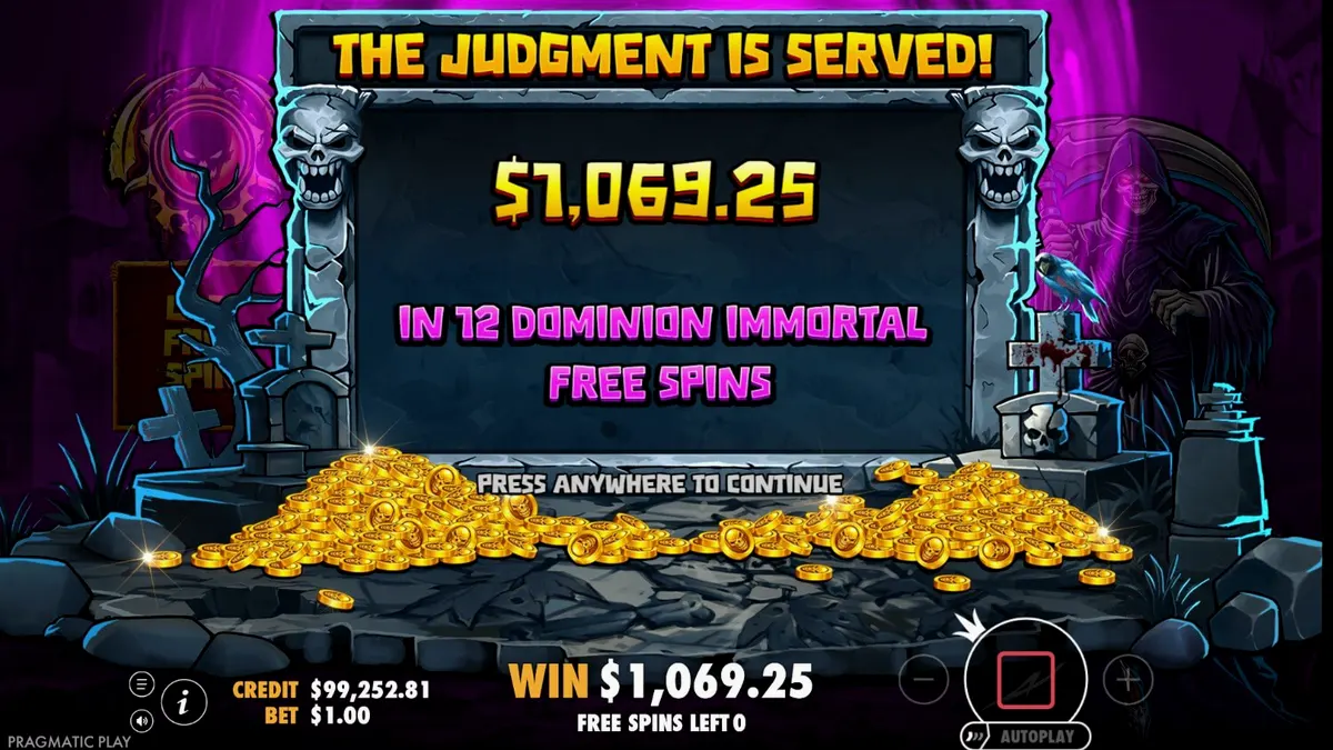 Tampilan visual slot Death Dominion dengan tema horor dan suasana pemakaman.